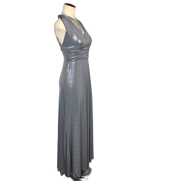 VINTAGE Silver Gray Maxi Dress Halter Straps Metallic Cinched Festive Gown XS/S - Picture 2 of 11